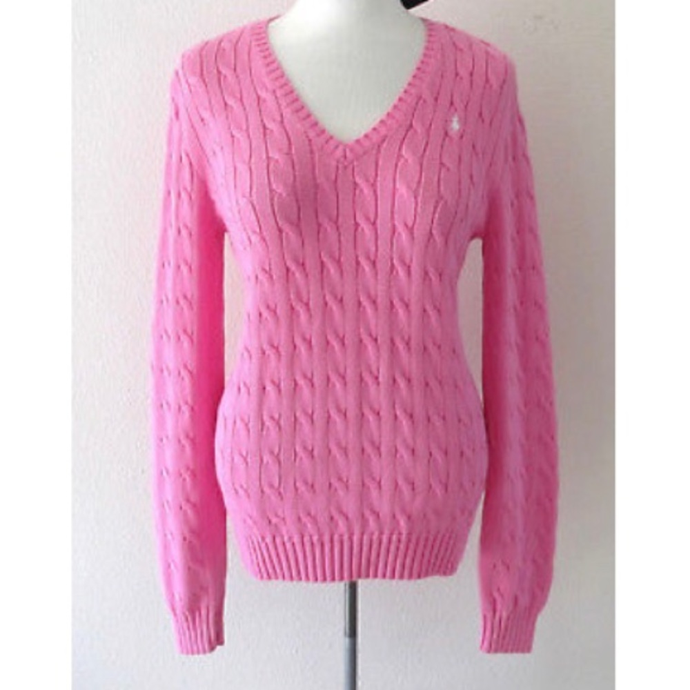 RALPH LAUREN PINK CABLE KNIT V-NECK SWEATER SMALL